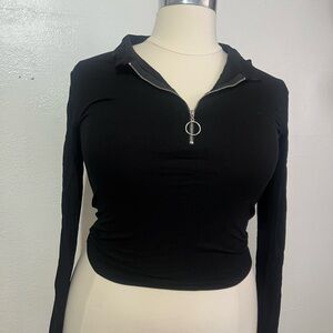 Black Ribbed Quarter Zip Long Sleeve Top